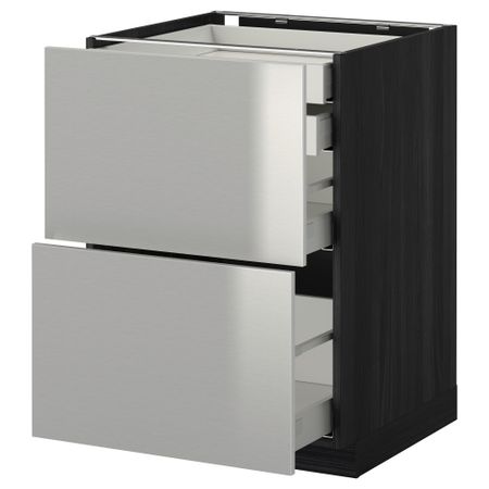 Напольный шкаф 2 фронтальные панели, 2 нижних, 1 средний, 1 высокий ящик МЕТОД / МАКСИМЕРА, черный, Гревста нержавеющ сталь