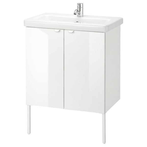 Шкаф под раковину с 2 дверец, глянцевый белый/ПИЛКОН смеситель 64x43x88 см IKEA FISKÅN ФИСКОН / TVÄLLEN ТВЭЛЛЕН 394.304.38 - фото 1
