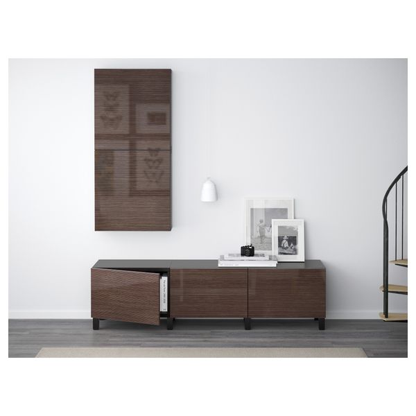 Комбинация для хранения с ящиками БЕСТО, черно-коричневый, Сельсвикен глянцевый/коричневый (180x40x48 см) - фото 2