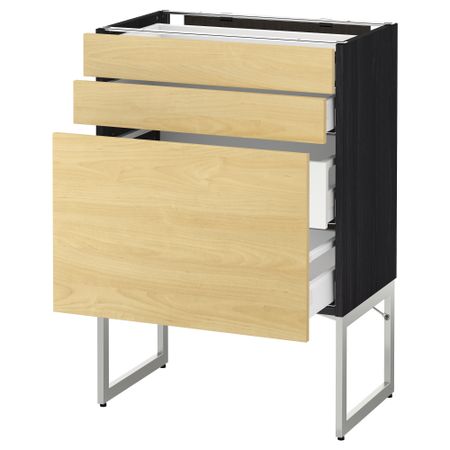 Напольный шкаф 3 фронтальных панели, 2 нижних, 2 средних ящика МЕТОД / МАКСИМЕРА, черный, Тингсрид береза