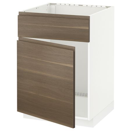 Шкаф под мойку/дверь/фасад, белый/Воксторп под грецкий орех 60x60 см IKEA METOD МЕТОД 394.456.56