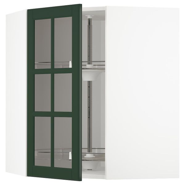 Угловой навесной шкаф с вращающейся секция, стеклянная дв, белый/Будбин темно-зеленый 68x80 см IKEA METOD МЕТОД 993.123.66 - фото 1
