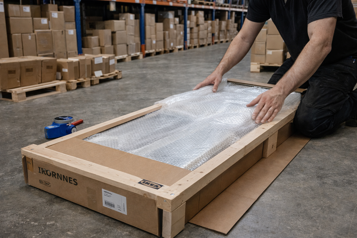 Надежная деревянная обрешетка и пузырчатая пленка для доставки зеркал в Россию