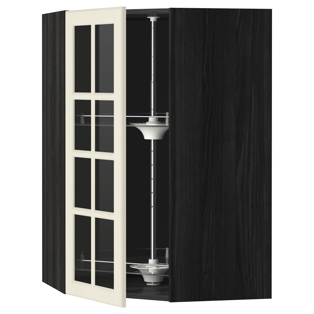 Угловой навесной шкаф с вращающающейся секцией, стеклянными дверцами МЕТОД, черный, Будбин белый с оттенком - схема-чертеж с размерами