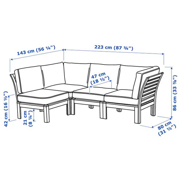 Модульный угловой 3-местный диван, садовый, коричневая морилка/ЙЭРПОН/дувхольмен антрацит 143/223x80x86 см IKEA ÄPPLARÖ ЭПЛАРО - схема-чертеж с размерами