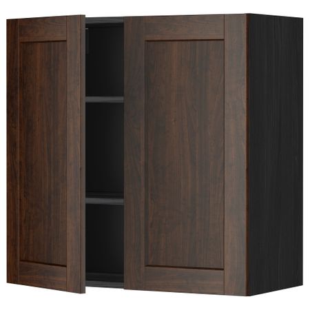 Навесной шкаф с полками, 2 дверцы МЕТОД, черный, Эдсерум коричневый