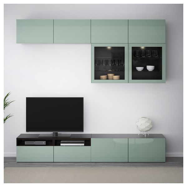 Шкаф для ТВ, комбинированный, стекляные дверцы БЕСТО, черно-коричневый Сельсвикен, глянцевый/серо-зеленый светлый прозрачное - фото 2