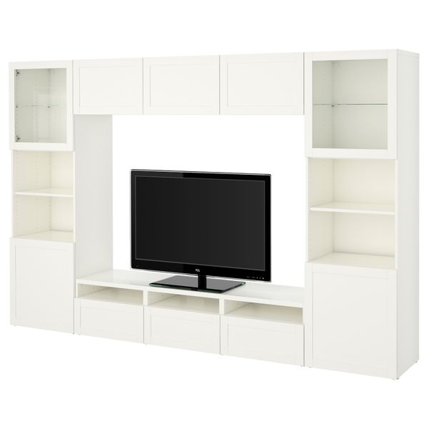 Шкаф для ТВ, комбинированный, стекляные дверцы БЕСТО, Ханвикен, Синдвик белый прозрачное стекло (300x40x192 см) - фото 1