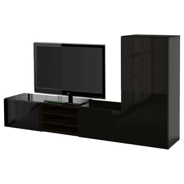 Шкаф для ТВ, комбинированный, стекляные дверцы БЕСТО, черно-коричневый, Сельсвикен глянцевый/черный дымчатое стекло (240x40x128 - фото 1