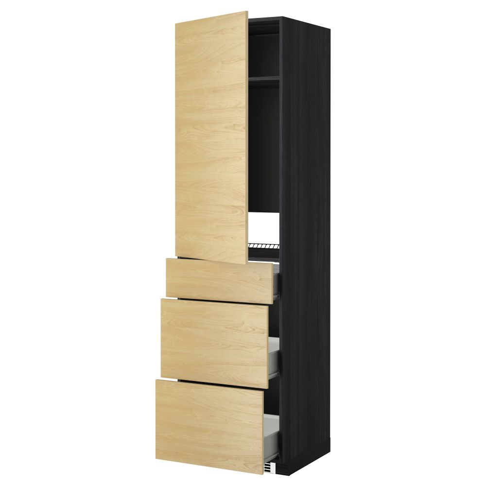 Высокий шкаф для холодильника, с дверцами, 3 ящика МЕТОД / ФОРВАРА, черный, Тингсрид береза (60x60x220 см) - схема-чертеж с размерами