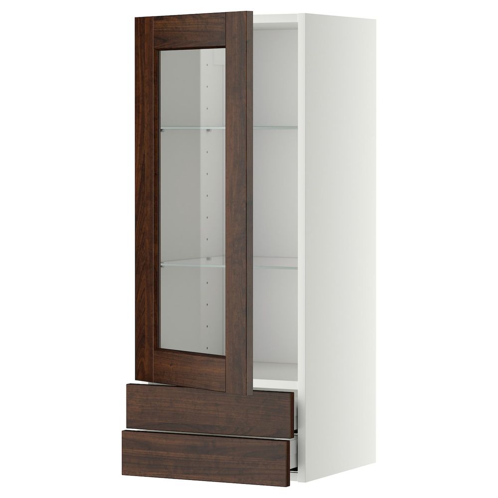 Навесной шкаф, стеклянная дверца, 2 ящика, белый/Эдсерум коричневый 40x100 см IKEA METOD МЕТОД / MAXIMERA МАКСИМЕРА 492.355.73 - фото 1