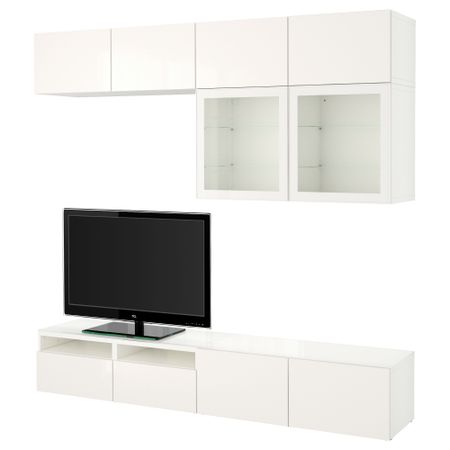 Шкаф для ТВ, комбинированный, стекляные дверцы БЕСТО, белый, Сельсвикен глянцевый/белый прозрачное стекло (240x40x230 см)