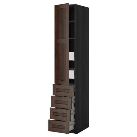 Высокий шкаф с полками/6 ящик, дверцами, 4 фронтальные панели МЕТОД / МАКСИМЕРА, черный, Эдсерум коричневый