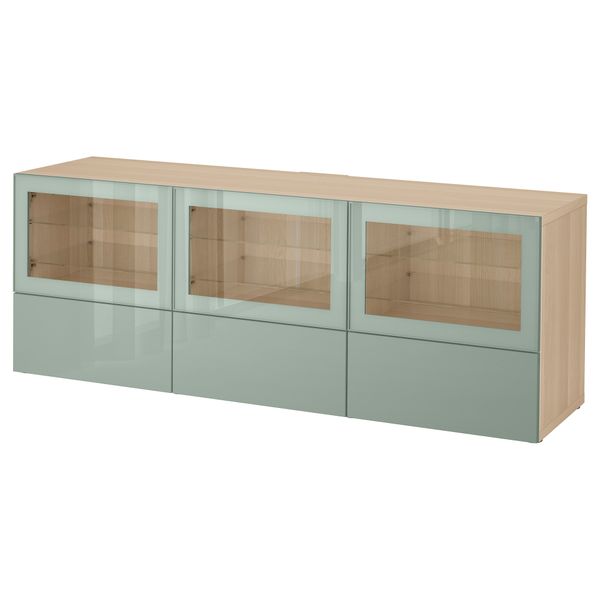 Тумба под ТВ, с дверцами и ящиками БЕСТО, под беленый дуб Сельсвикен, глянцевый/серо-зеленый светлый прозрачное стекло - фото 1