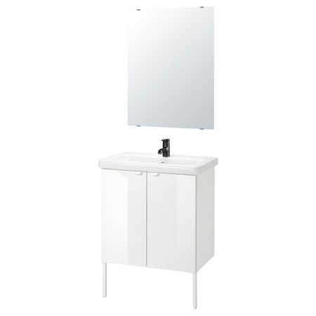 Комплект мебели для ванной,7 предм., глянцевый белый/Сальен смеситель 64x43x88 см IKEA FISKÅN ФИСКОН / TVÄLLEN ТВЭЛЛЕН