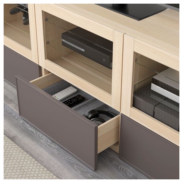 Тумба под ТВ, с дверцами и ящиками БЕСТО, под беленый дуб Грундсвикен, темно-серый прозрачное стекло (180x40x64 см) - фото 3