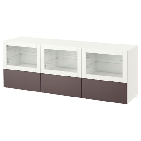 Тумба под ТВ, с дверцами и ящиками БЕСТО, белый, Вальвикен темно-коричневый, прозрачное стекло (180x40x64 см)