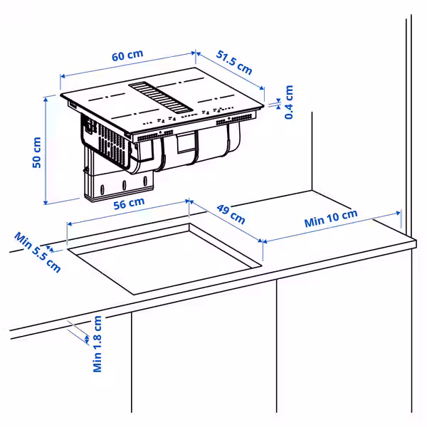 TÄCKNAN Индукционная панель/вытяжка - ИКЕА 300 чёрный 60 см - схема-чертеж с размерами