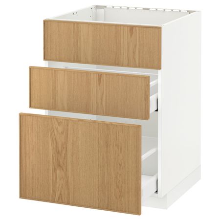 Напольный шкаф под мойку + 3 фронтальных панели/2ящ, белый/Экестад дуб 60x60 см IKEA METOD МЕТОД / MAXIMERA МАКСИМЕРА 492.353.56