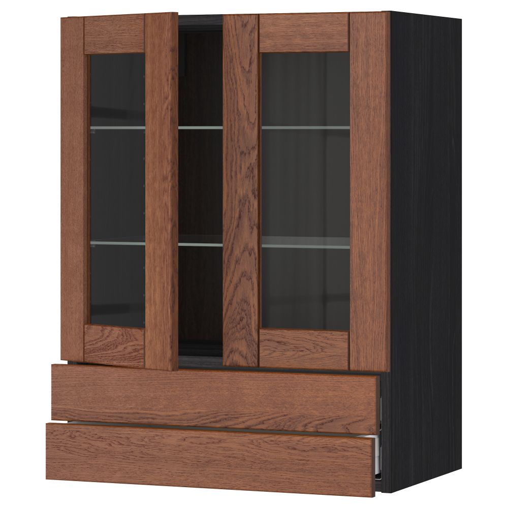 Навесной шкаф, 2 стеклянные дверцы, 2 ящика МЕТОД / МАКСИМЕРА, черный, Филипстад коричневый - схема-чертеж с размерами