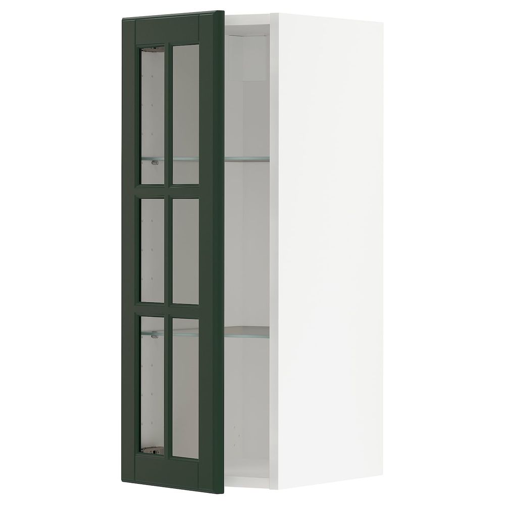 Навесной шкаф с полками, стекляными дв, белый/Будбин темно-зеленый 30x80 см IKEA METOD МЕТОД 593.123.54 - фото 1