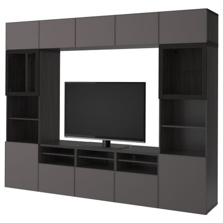 Шкаф для ТВ, комбинированный, стекляные дверцы БЕСТО, черно-коричневый Грундсвикен, темно-серый прозрачное стекло (300x40x230