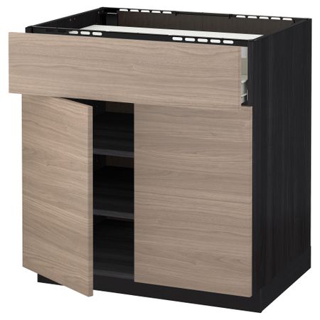 Напольный шкаф для варочной панели, ящик, полка, 2 дверцы МЕТОД / ФОРВАРА, черный, Брокхульт светло-серый (80x60 см)