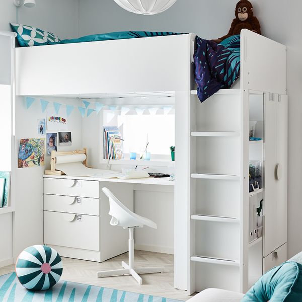 Кровать-чердак, 90x200 см, белый зеленый с письменным столом с 4 ящиками IKEA SMÅSTAD СМОСТАД 194.355.83 - схема-чертеж с размерами