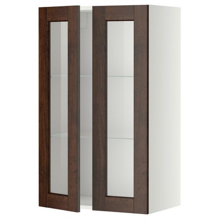 Навесной шкаф/полки/2стеклян двери, белый/Эдсерум коричневый 60x100 см IKEA METOD МЕТОД 994.462.19