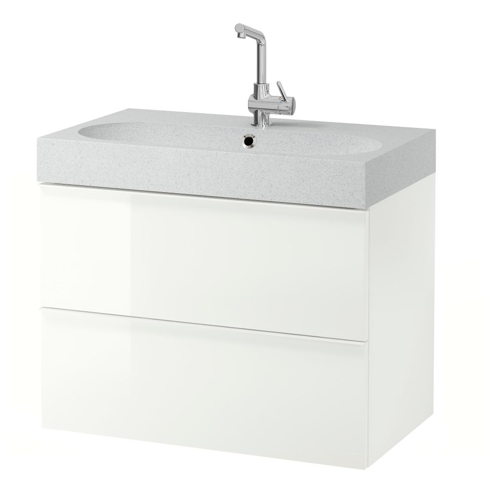 Шкаф для раковины с 2 ящиками ГОДМОРГОН / БРОВИКЕН, глянцевый белый, светло-серый (80x49x68 см) - фото 1