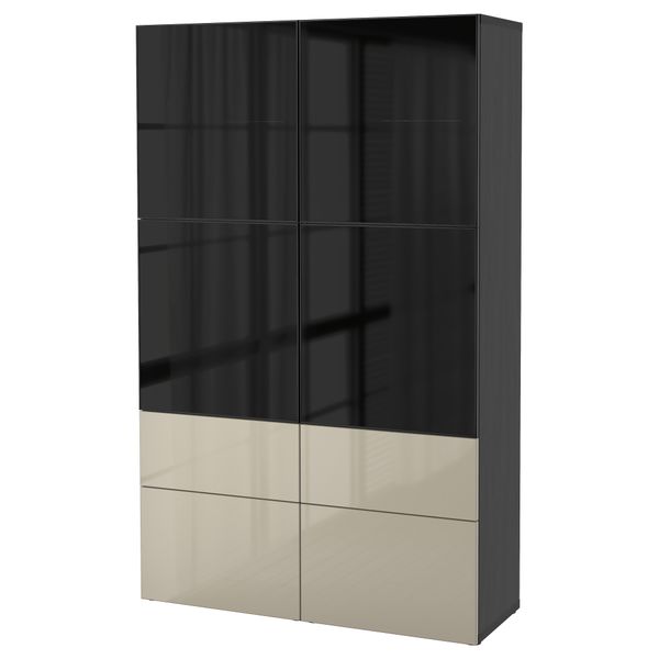Комбинация для хранения + стеклянная дверцами, 120x40x192 см, черно-коричневый, Selsviken глянцевый, бежевый, дымчатое стекло - фото 2