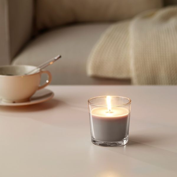 Ароматическая свеча в стакане, Мускатный орех и ваниль, серый, 7.5 см IKEA СИНЛИГ 703.500.71 - фото 3