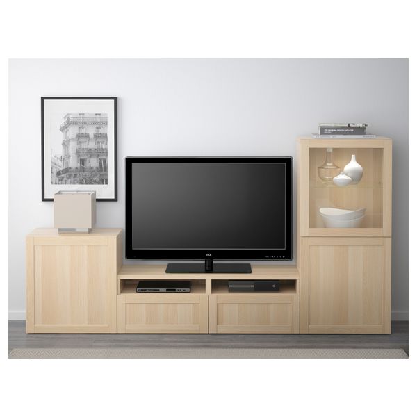 Шкаф для ТВ, комбинированный, стекляные дверцы БЕСТО, Ханвикен, Синдвик под беленый дуб, прозрачное стелко (240x40x128 см) - фото 2