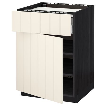 Напольный шкаф для варочной панели, ящик, полка, дверцы МЕТОД / МАКСИМЕРА, черный, Хитарп белый с оттенком (60x60 см)