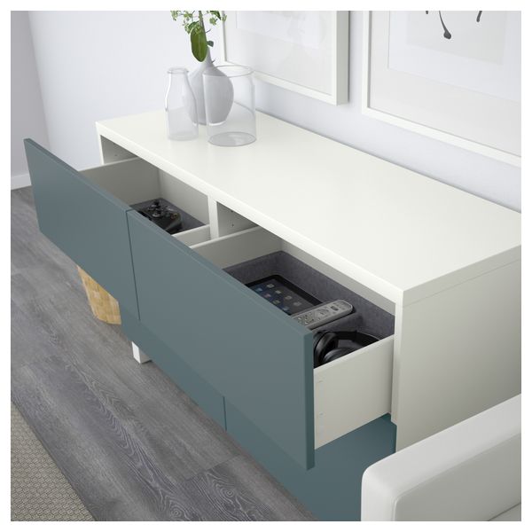 Комбинация для хранения с дверцами, ящиками БЕСТО, белый, Вальвикен серо-бирюзовый (120x40x74 см) - схема-чертеж с размерами