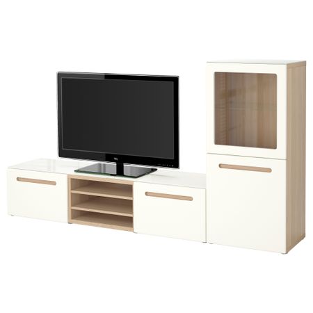 Шкаф для ТВ, комбинированный, стекляные дверцы БЕСТО, под беленый дуб, Марвикен белый прозрачное стекло (240x40x128 см)