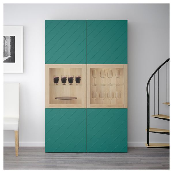 Комбинация для хранения со стеклянными дверцами БЕСТО, под беленый дуб Халлставик, сине-зеленый прозрачное стекло (120x40x192 - фото 2