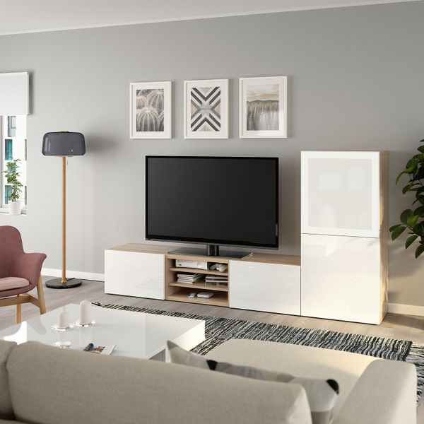 Шкаф для ТВ, комбинированный, стекляные дверцы, под беленый дуб, Сельсвикен глянцевый/белый матовое стекло, 240x40x128 см IKEA - фото 2