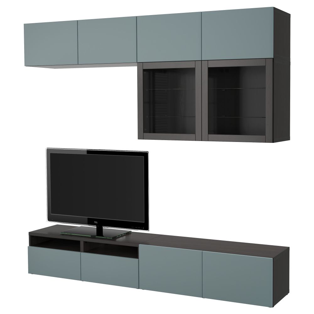 Шкаф для ТВ, комбинированный, стекляные дверцы БЕСТО, черно-коричневый, Вальвикен серо-бирюзовый, прозрачное стекло (240x40x230 - фото 1