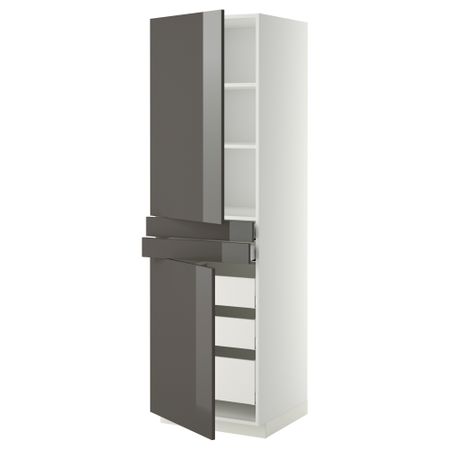 Высокий шкаф + полки, 5 ящиков, 2 дверцы, 2 фронтальных МЕТОД / МАКСИМЕРА, белый, Рингульт серый