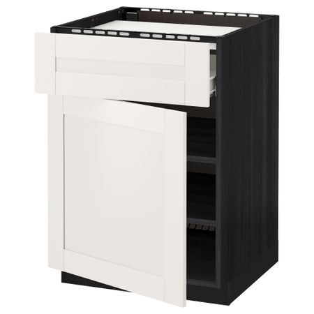 Напольный шкаф для варочной панели, ящик, полка, дверцы МЕТОД / ФОРВАРА, черный, Сэведаль белый (60x60 см)