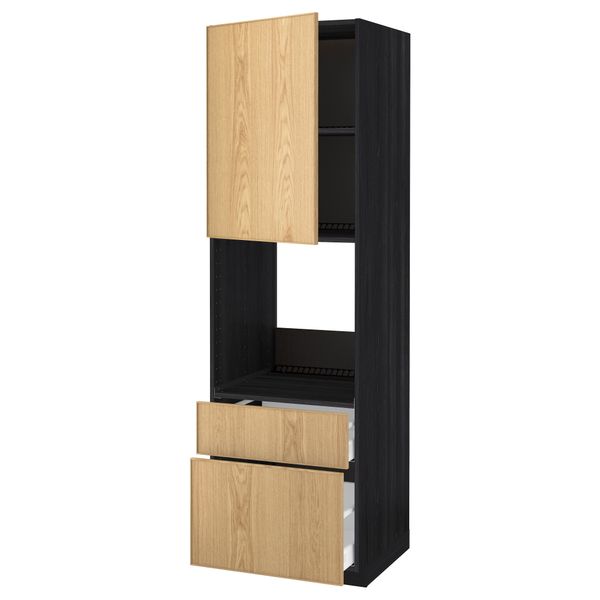 Высокий шкаф для духовки + дверь, 2 ящика МЕТОД / МАКСИМЕРА, черный, Экестад дуб - схема-чертеж с размерами