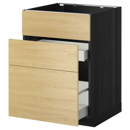 Напольный шкаф под мойку + 3 фронтальных панели, 2 ящика МЕТОД / МАКСИМЕРА, черный, Тингсрид береза