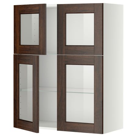 Навесной шкаф с полками, 4 стекло дверцы МЕТОД, белый, Эдсерум коричневый (80x100 см)