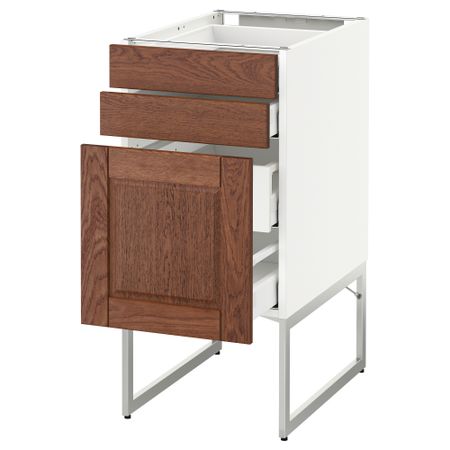 Напольный шкаф 3 фронтальных панели, 2 нижних, 2 средних ящика МЕТОД / МАКСИМЕРА, белый, Филипстад коричневый