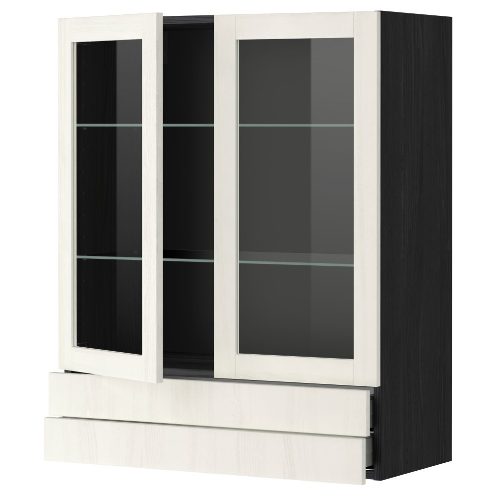 Навесной шкаф, 2 стеклянные дверцы, 2 ящика МЕТОД / МАКСИМЕРА, черный, Росдаль белый - схема-чертеж с размерами