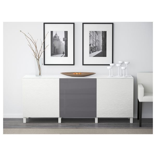 Комбинация для хранения с дверцами, ящиками БЕСТО, Лаксвикен белый, Сельсвикен глянцевый/серый (180x40x74 см) - фото 3