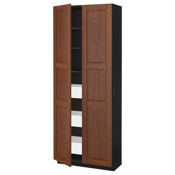 Высокий шкаф с ящиками, 2 дверцы МЕТОД / МАКСИМЕРА, черный, Филипстад коричневый (80x37x200 см) - схема-чертеж с размерами