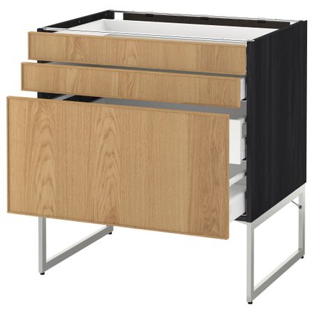 Напольный шкаф 3 фронтальных панели, 2 нижних, 2 средних ящика МЕТОД / МАКСИМЕРА, черный, Экестад дуб