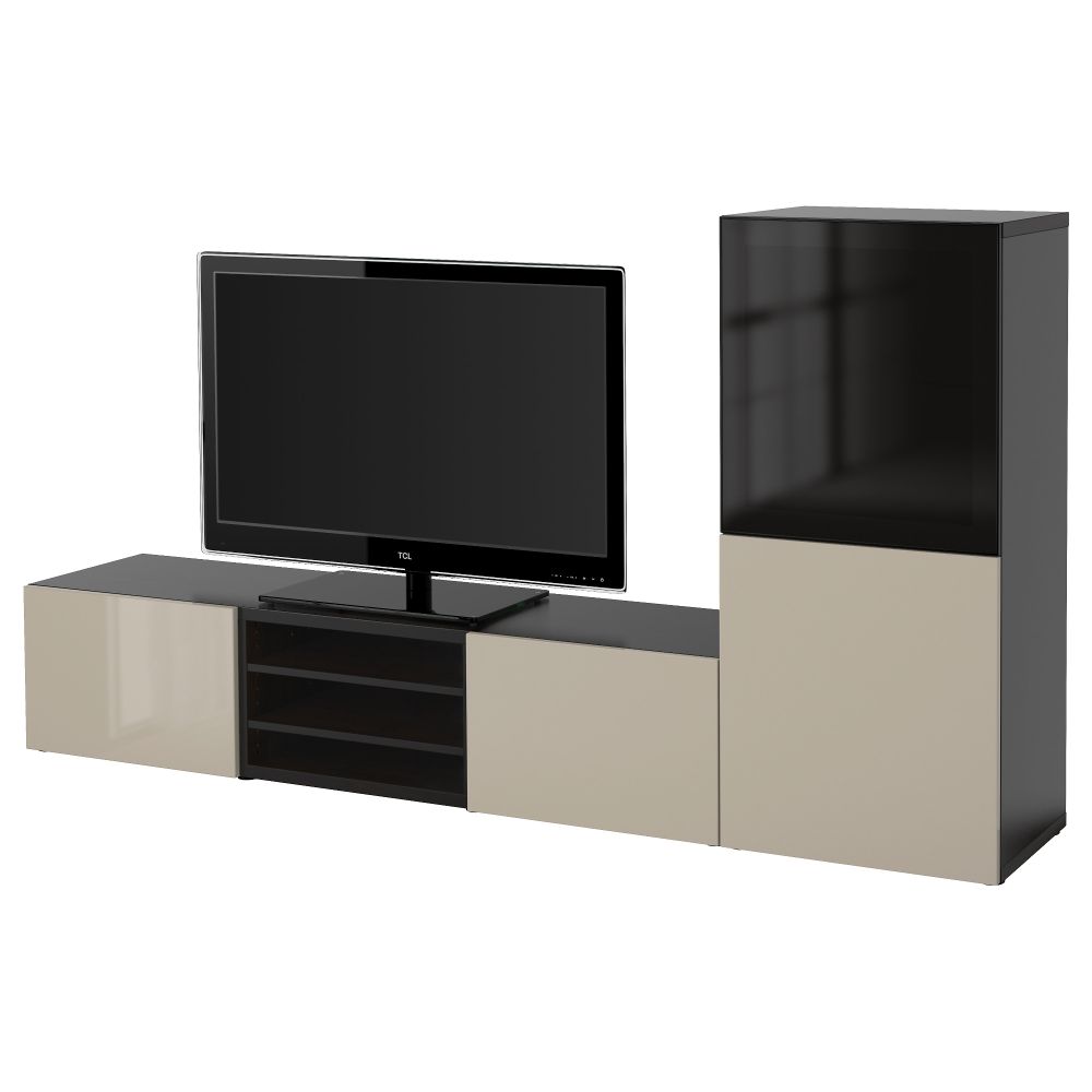 Шкаф для ТВ, комбинированный, стекляные дверцы БЕСТО, черно-коричневый, Сельсвикен глянцевый/бежевый/дымчатое стекло (240x40x128 - фото 1